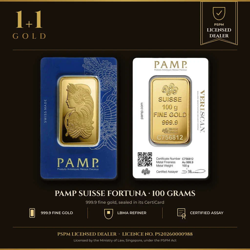 100 gram Gold Bar - PAMP Fortuna Veriscan® (In Assay, New) PAMP
